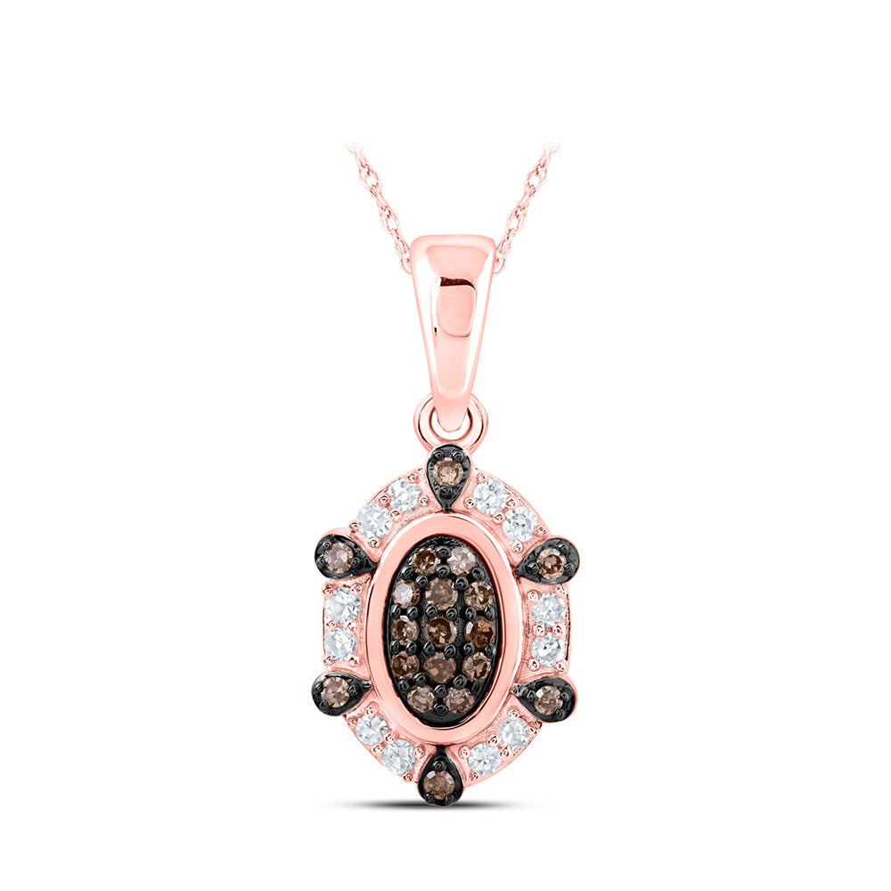 10K Rose Gold Womens Round Brown Diamond Oval Pendant 1/5 Cttw