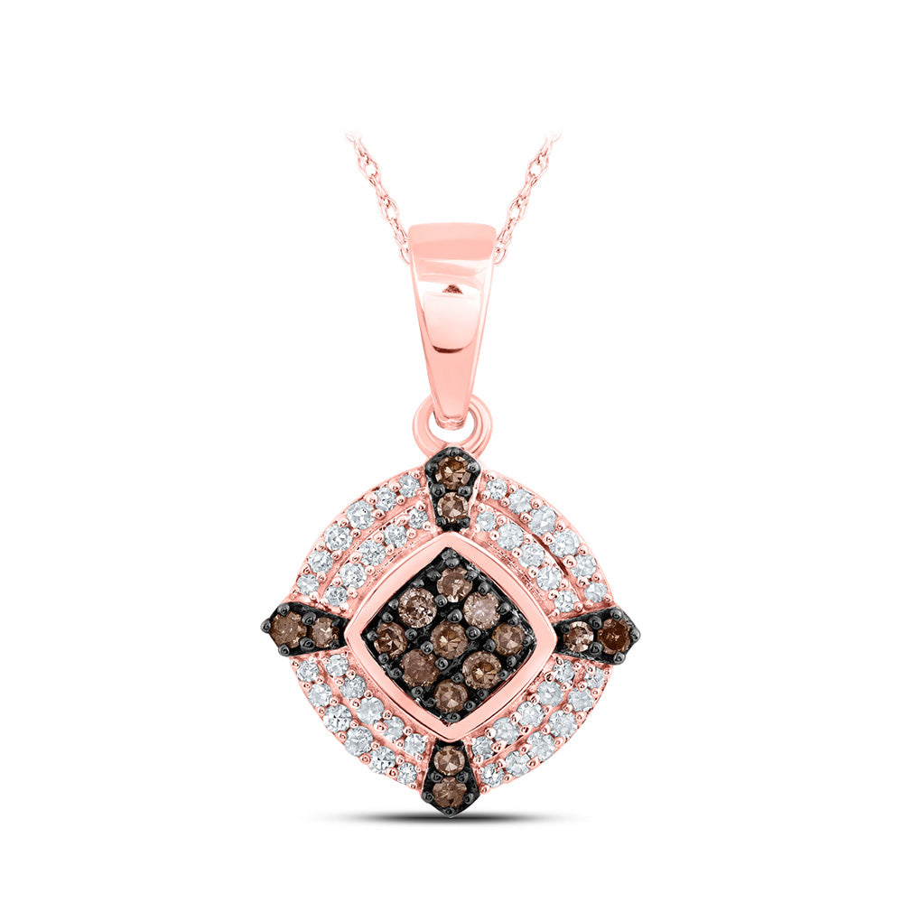 10K Rose Gold Womens Round Brown Diamond Offset Square Pendant 1/4 Cttw