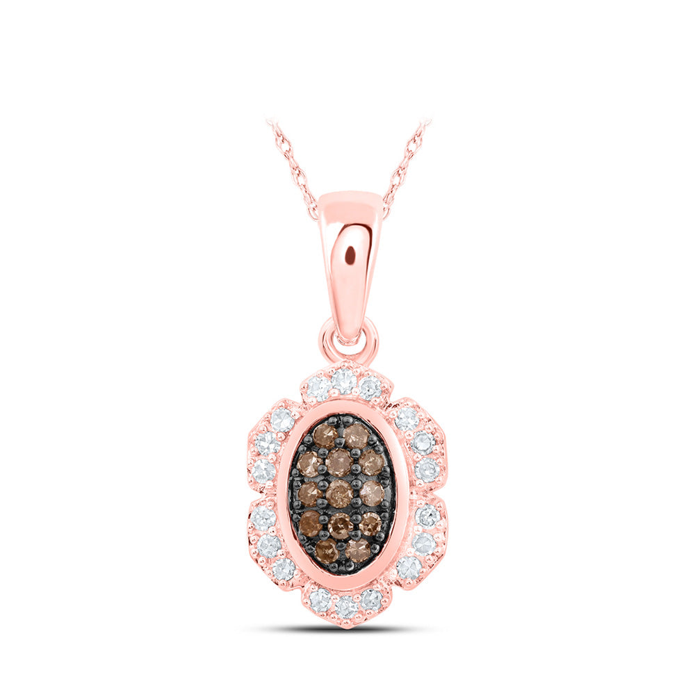 10K Rose Gold Womens Round Brown Diamond Oval Pendant 1/5 Cttw