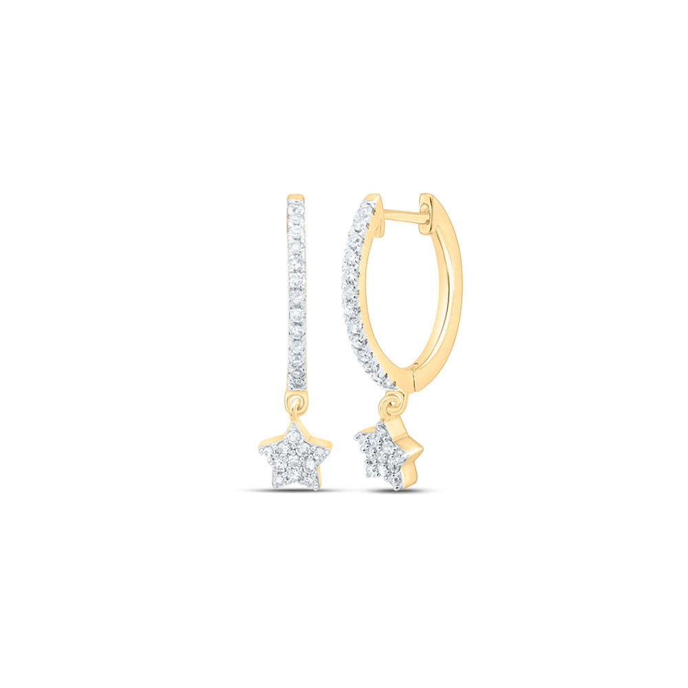10K White Or Yellow Gold Womens Round Diamond Star Hoop Dangle Earrings
