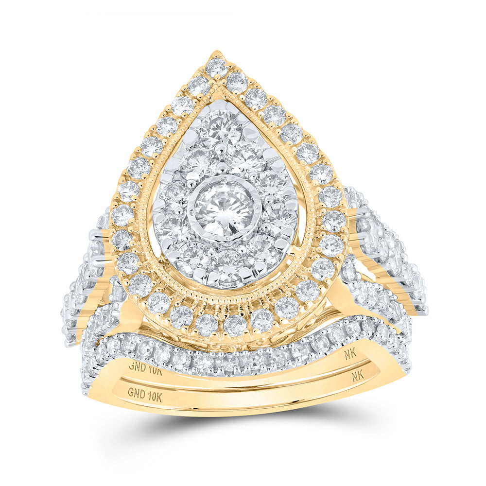 10K Yellow Gold Round Diamond Teardrop Bridal Wedding Ring Band Set 2 Cttw, Womens Size: 5-10