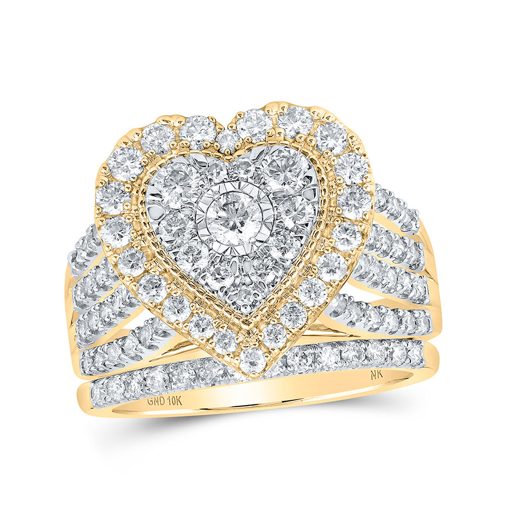 10K Yellow Or White Or Rose Gold Round Diamond Heart Bridal Wedding Ring Band Set, Womens Size: 5-10