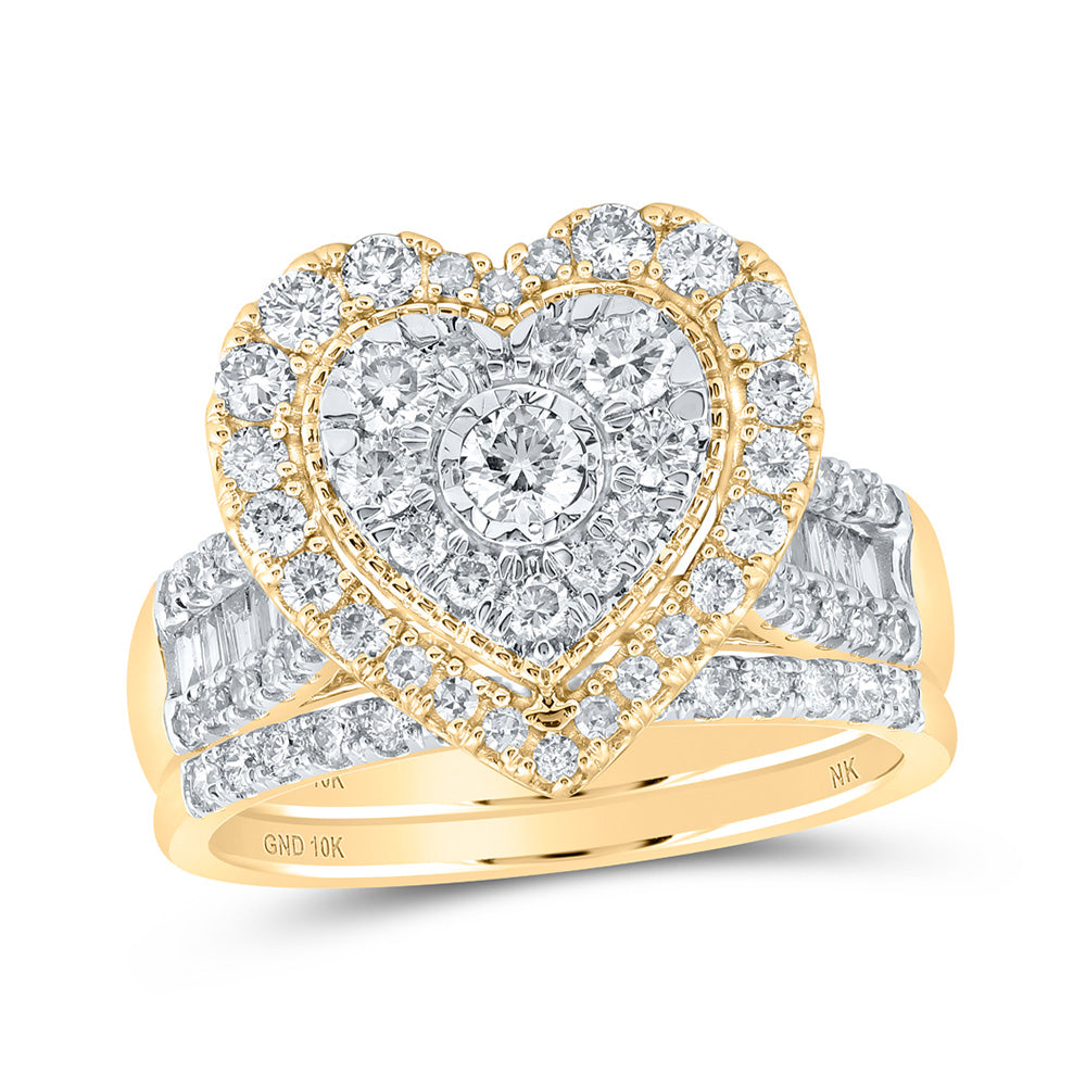 10K Yellow Gold Round Diamond Heart Bridal Wedding Ring Band Set 1-1/4 Cttw, Womens Size: 5-10