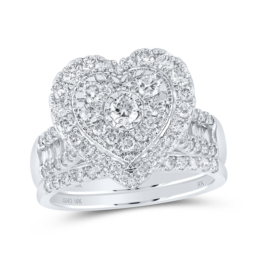 10K Yellow Or White Or Rose Gold Round Diamond Heart Bridal Wedding Ring Band Set, Womens Size: 5-10