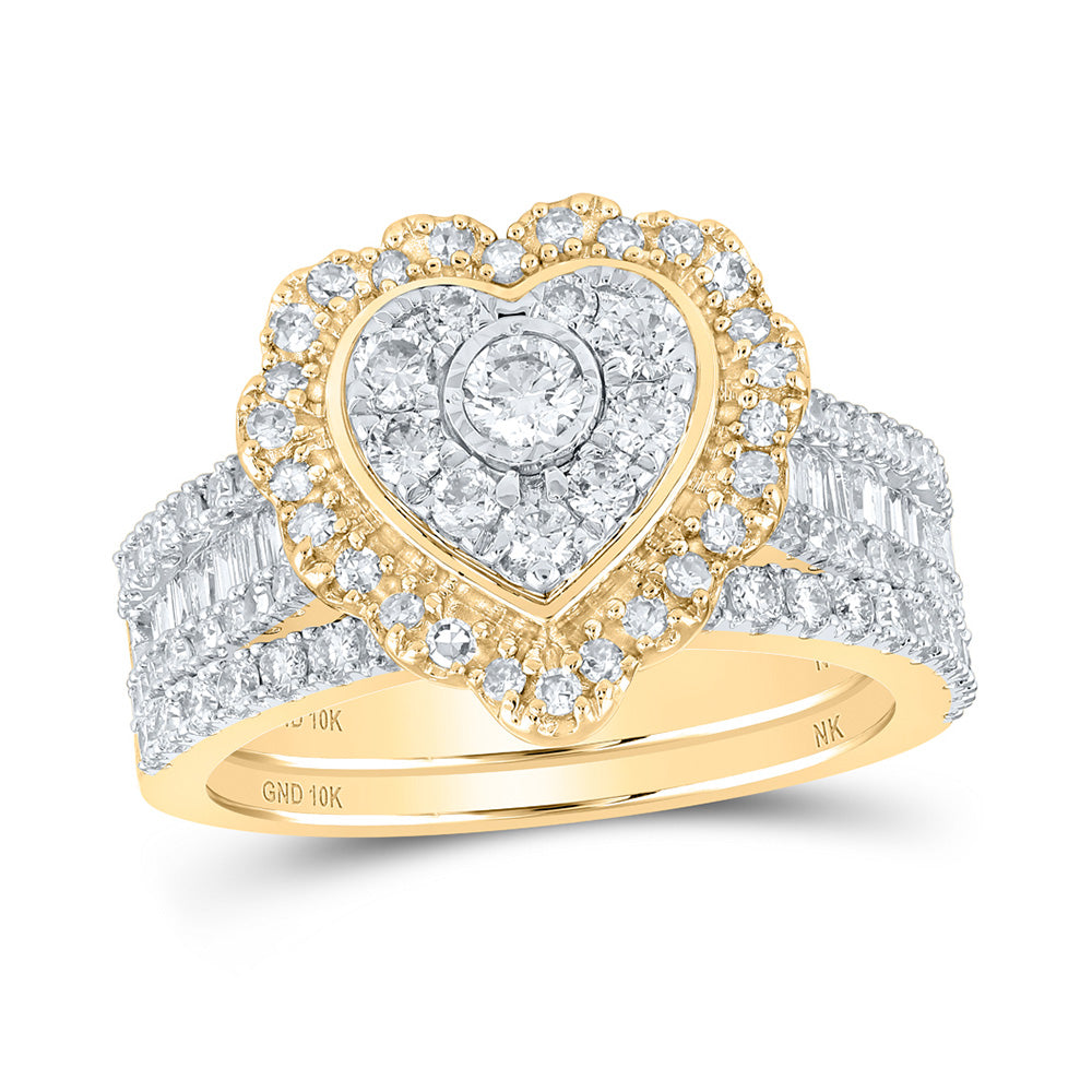 10K Yellow Or White Or Rose Gold Round Diamond Heart Bridal Wedding Ring Band Set, Womens Size: 5-10