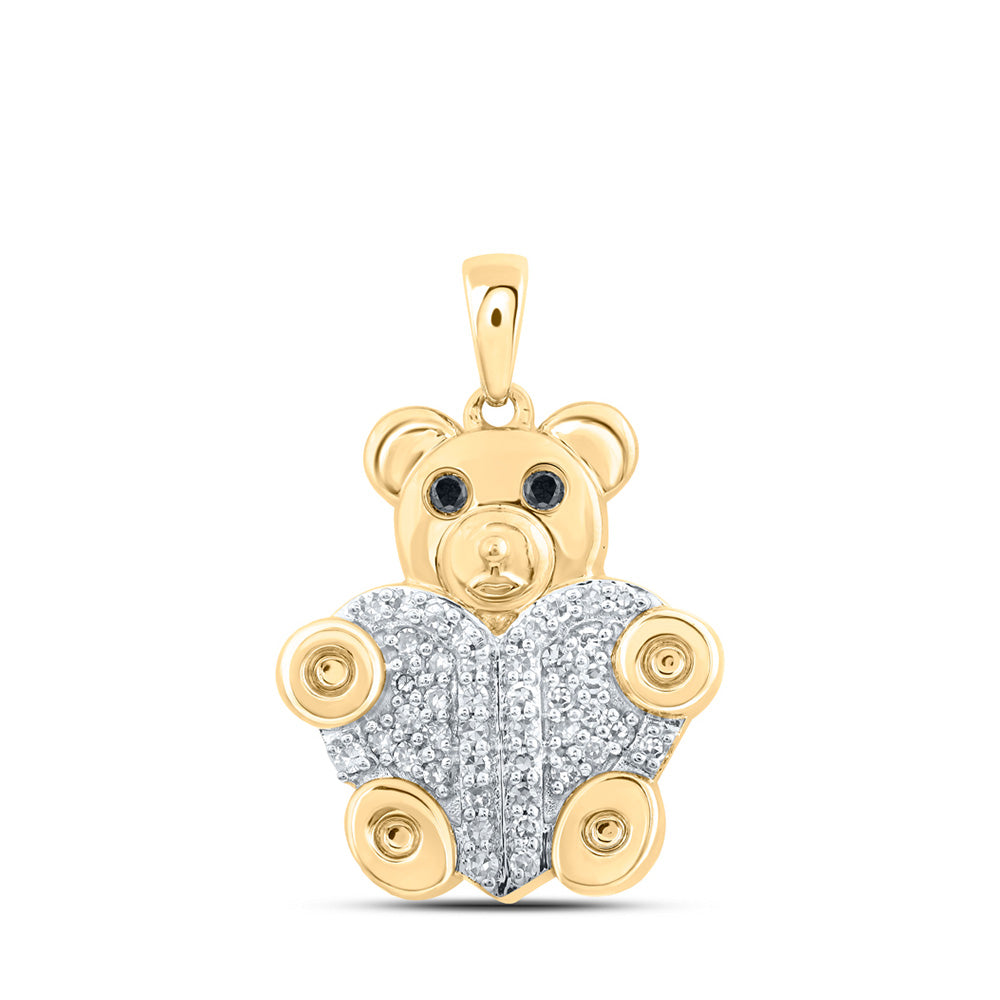 10K White Or Yellow Gold Womens Round Black Color Treated Diamond Bear Animal Pendant