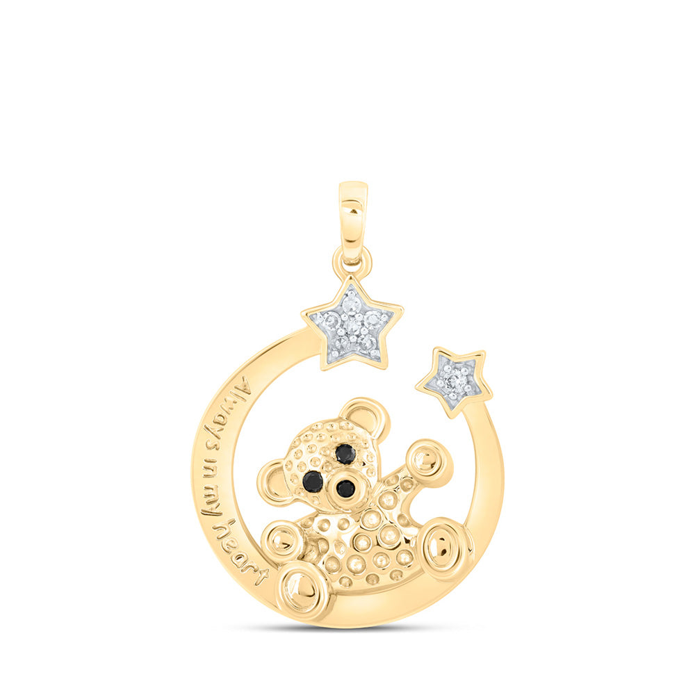 10K Yellow Gold Womens Round Diamond Bear Crescent Moon Animal Pendant 1/12 Cttw
