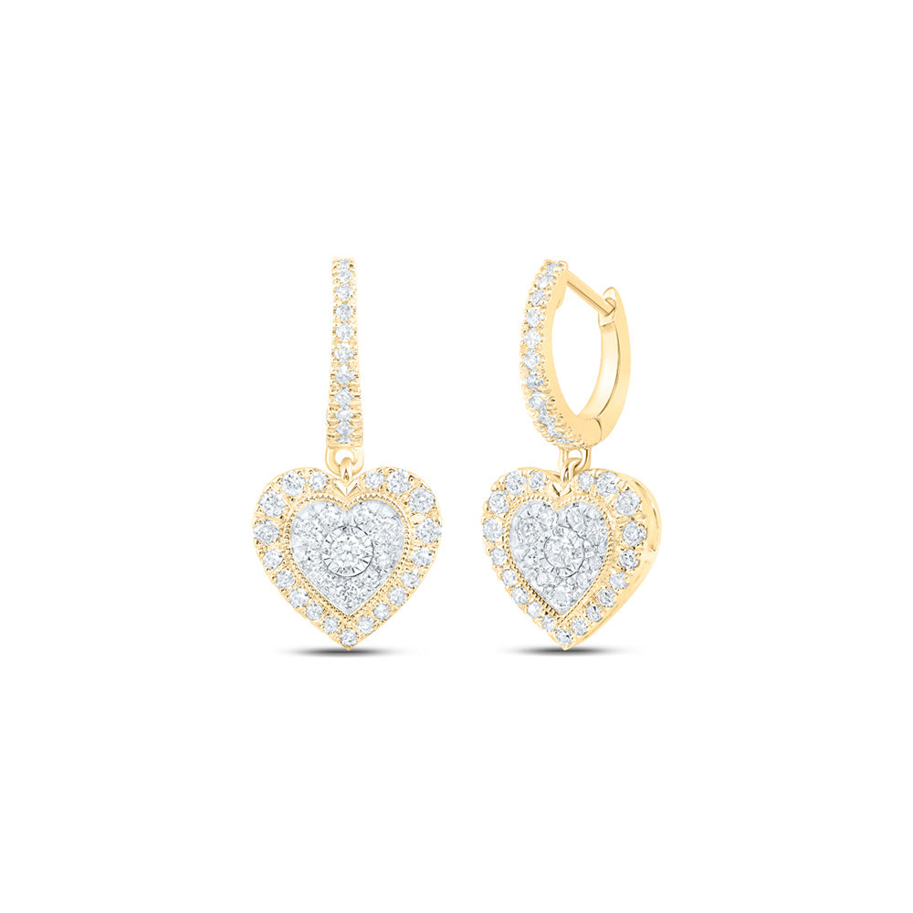 10K Yellow Gold Womens Round Diamond Heart Dangle Earrings 5/8 Cttw