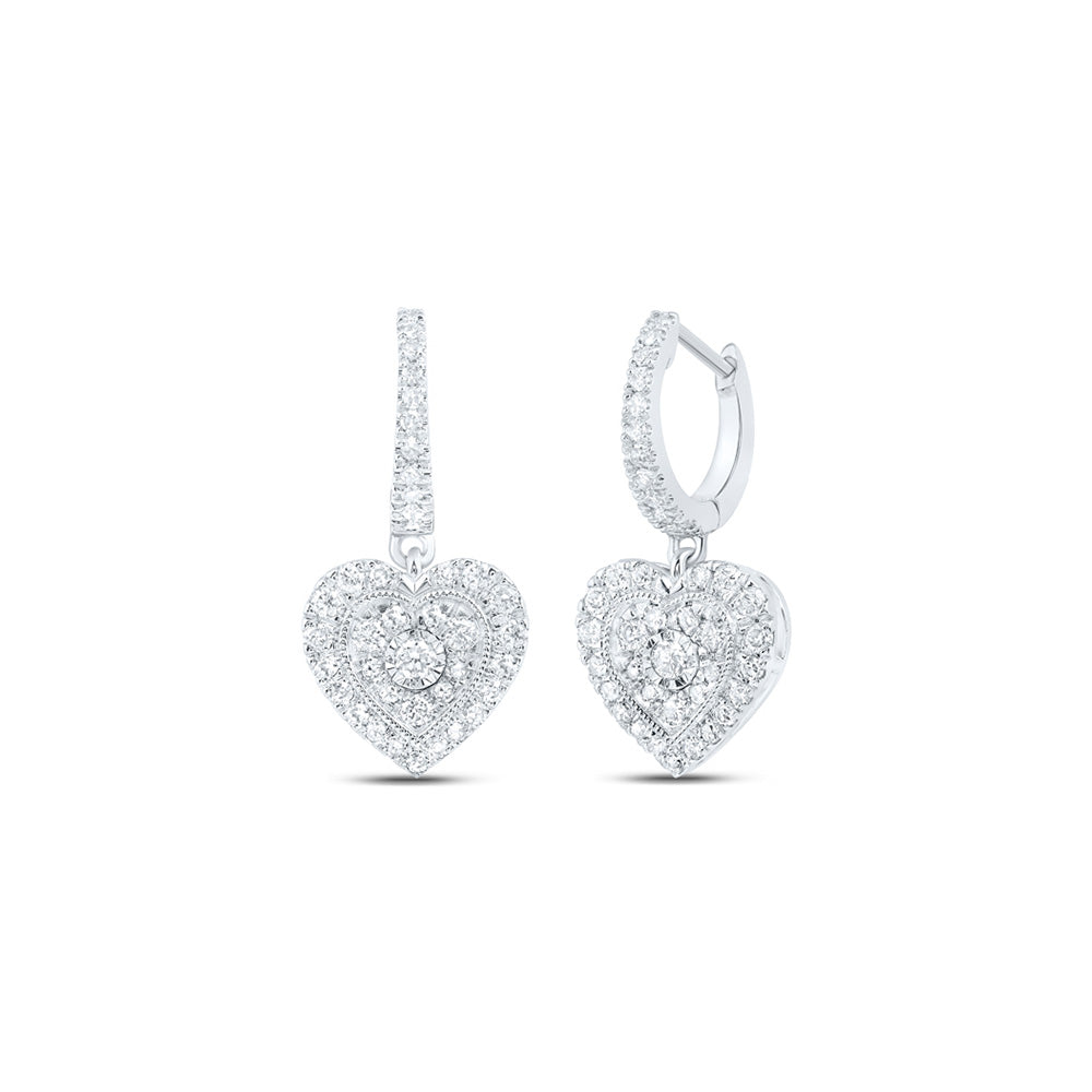 10K Yellow Or White Or Rose Gold Womens Round Diamond Heart Dangle Earrings