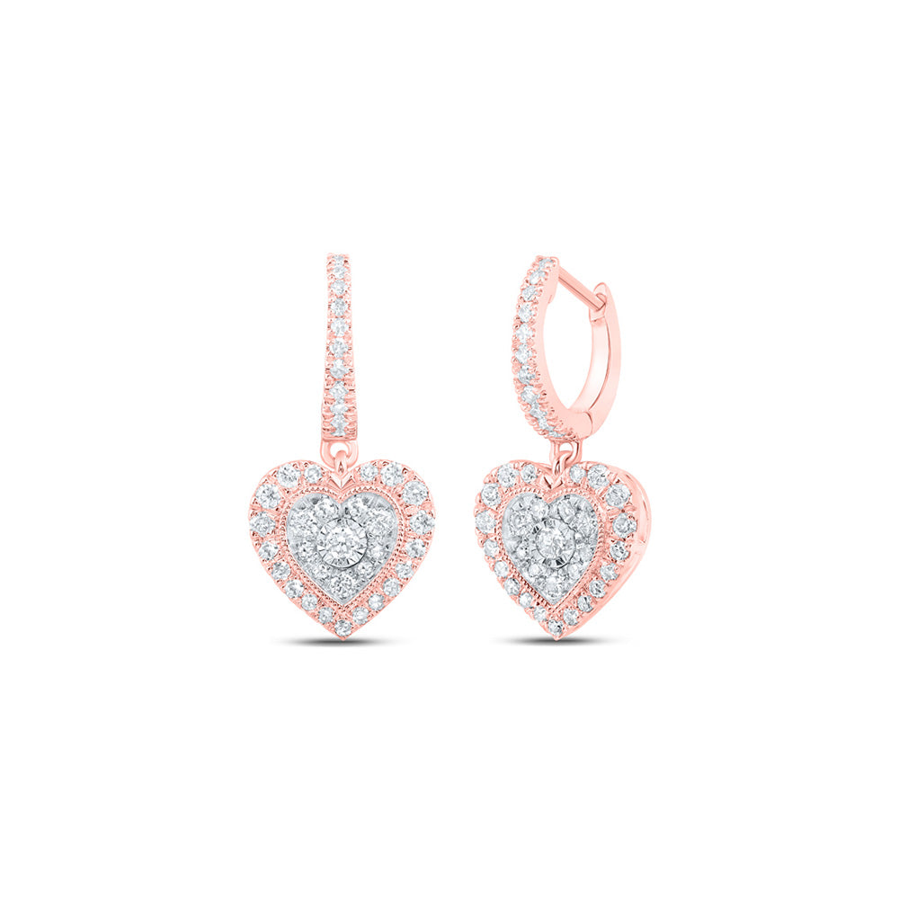 10K Yellow Or White Or Rose Gold Womens Round Diamond Heart Dangle Earrings