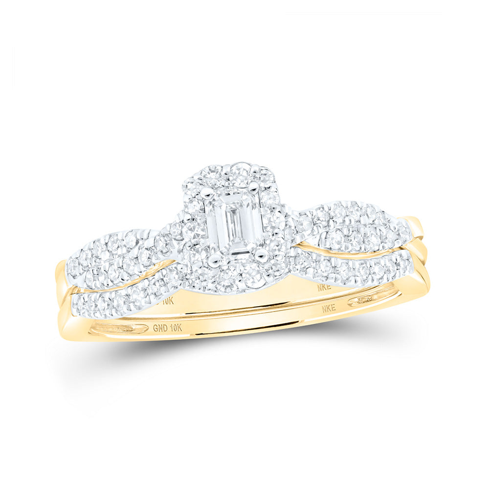 10K White Or Yellow Gold Emerald Diamond Halo Bridal Wedding Ring Band Set , Womens Size: 5-10