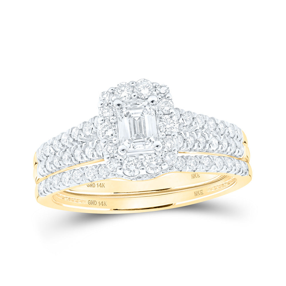 14K White Or Yellow Gold Emerald Diamond Halo Bridal Wedding Ring Band Set , Womens Size: 5-10