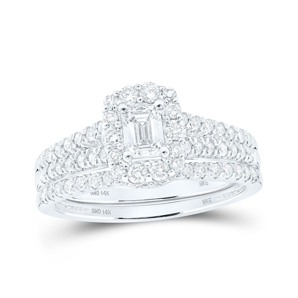 14K White Or Yellow Gold Emerald Diamond Halo Bridal Wedding Ring Band Set , Womens Size: 5-10