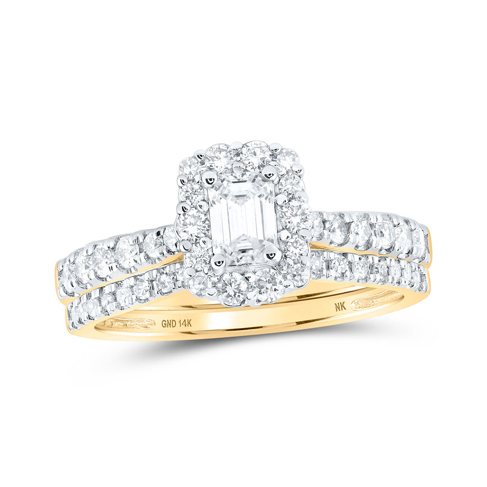 14K Yellow Gold Emerald Diamond Halo Bridal Wedding Ring Band Set 1 Cttw, Womens Size: 5-10