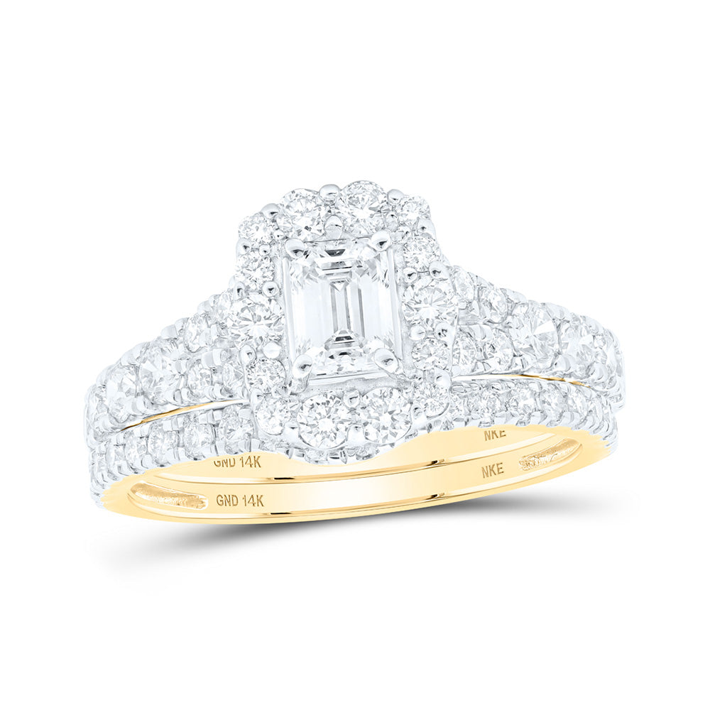 14K White Or Yellow Gold Emerald Diamond Halo Bridal Wedding Ring Band Set, Womens Size: 5-10