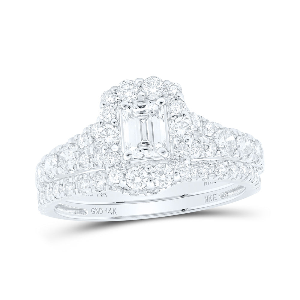 14K White Or Yellow Gold Emerald Diamond Halo Bridal Wedding Ring Band Set, Womens Size: 5-10