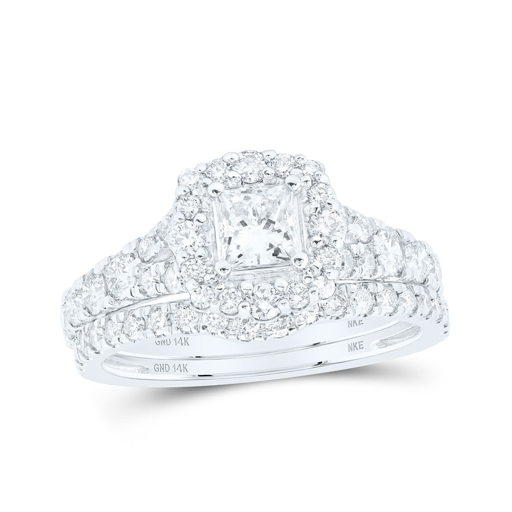 14K White Or Yellow Gold Princess Diamond Halo Bridal Wedding Ring Band Set, Womens Size: 5-10