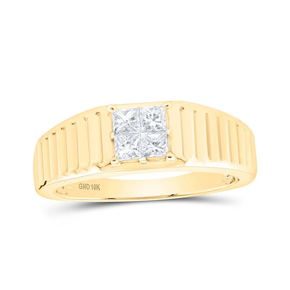 10K White Or Yellow Gold Mens Princess Diamond Ribbed Shank Band Ring , Mens Size: 7-13