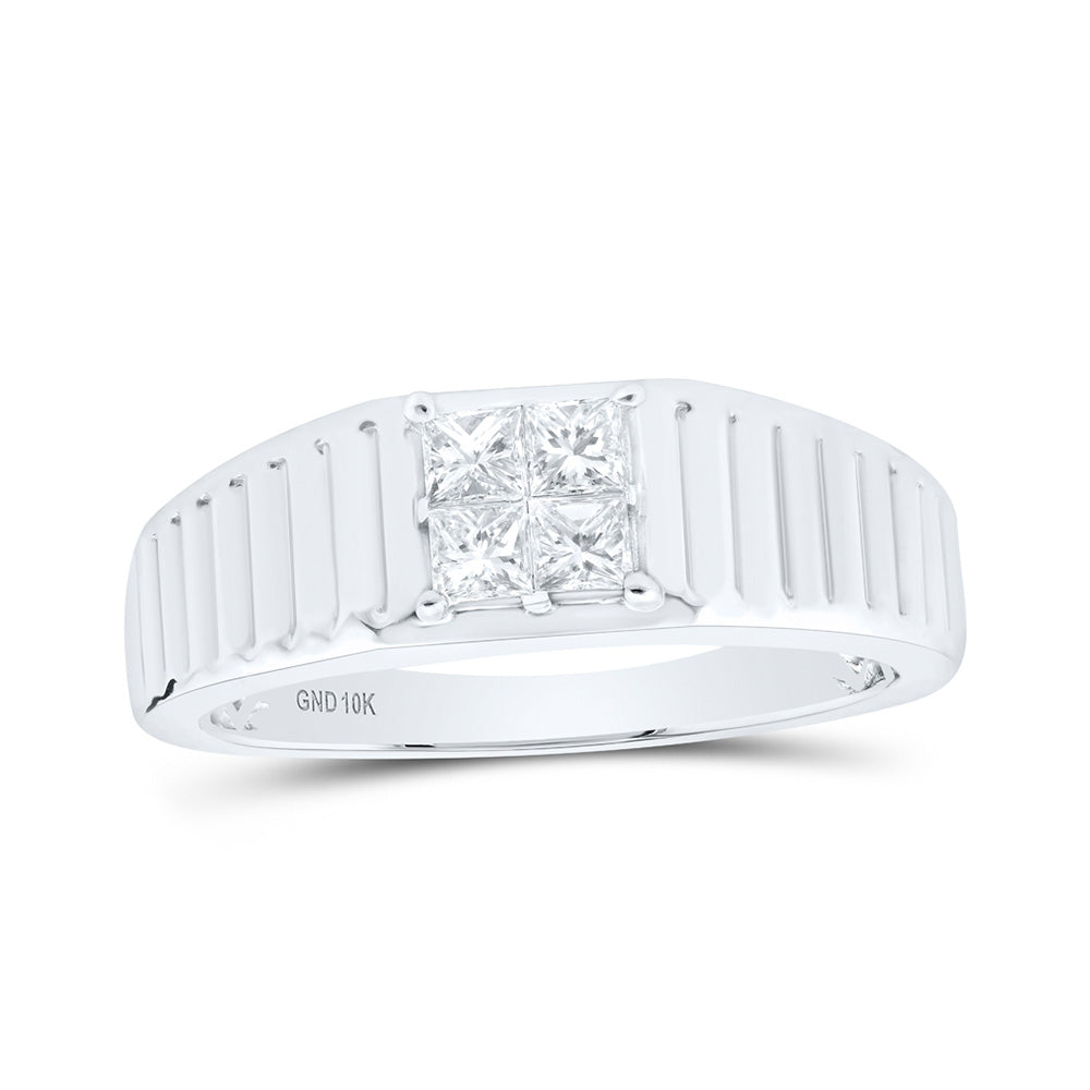 10K White Or Yellow Gold Mens Princess Diamond Ribbed Shank Band Ring , Mens Size: 7-13