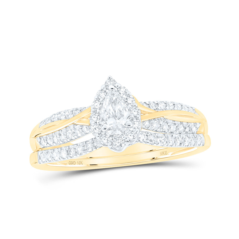 10K White Or Yellow Gold Pear Diamond Halo Bridal Wedding Ring Band Set , Womens Size: 5-10