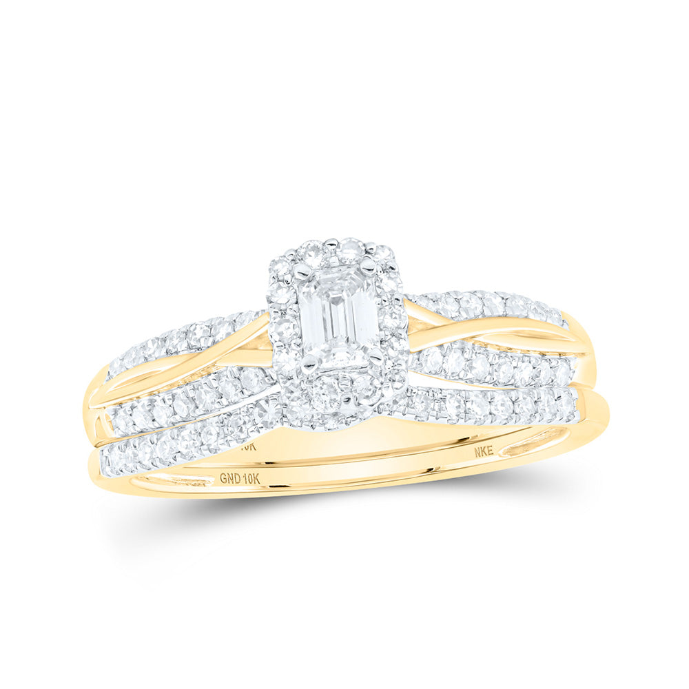 10K Yellow Gold Emerald Diamond Halo Bridal Wedding Ring Band Set 1/2 Cttw, Womens Size: 5-10