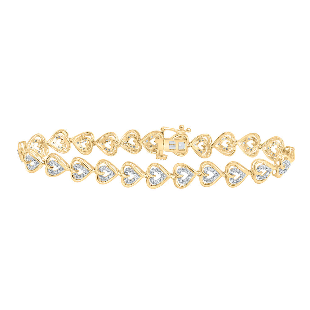 10K Yellow Gold Womens Round Diamond Heart Bracelet 1/2 Cttw