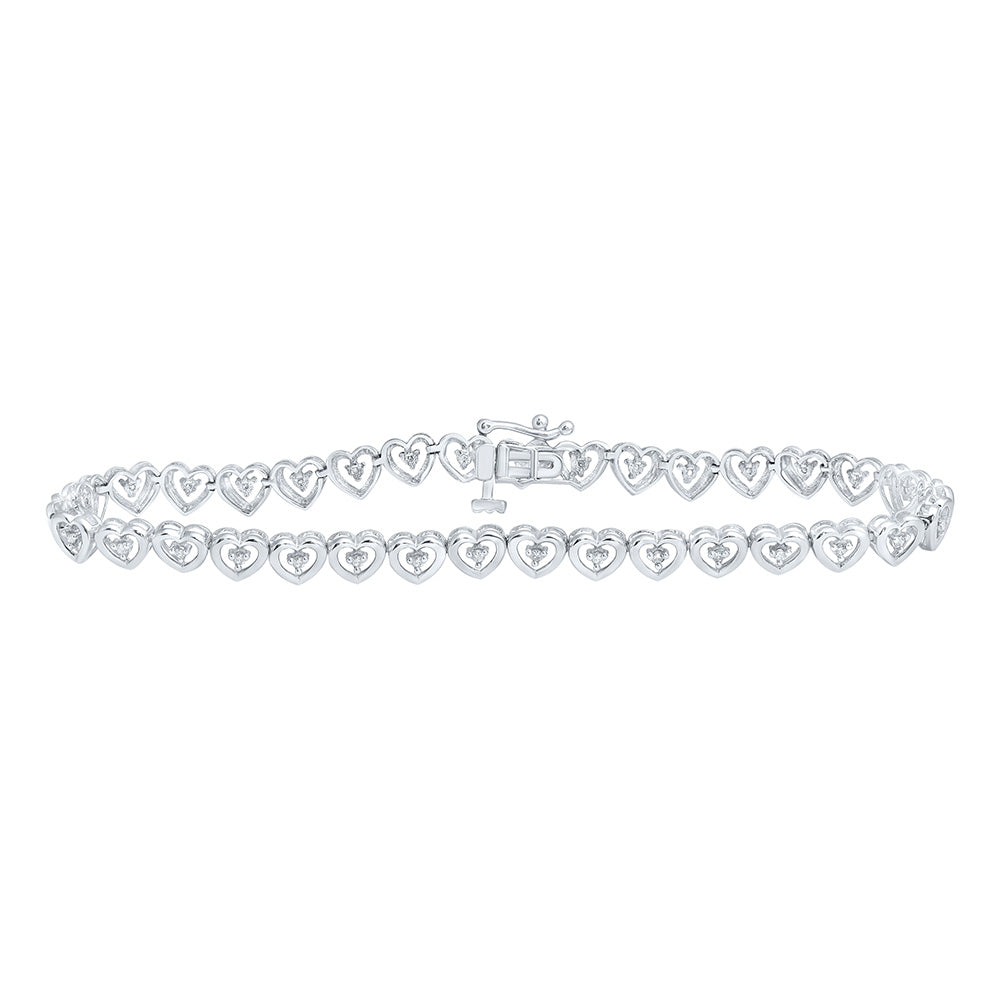 10K White Gold Womens Round Diamond Heart Bracelet 1/4 Cttw