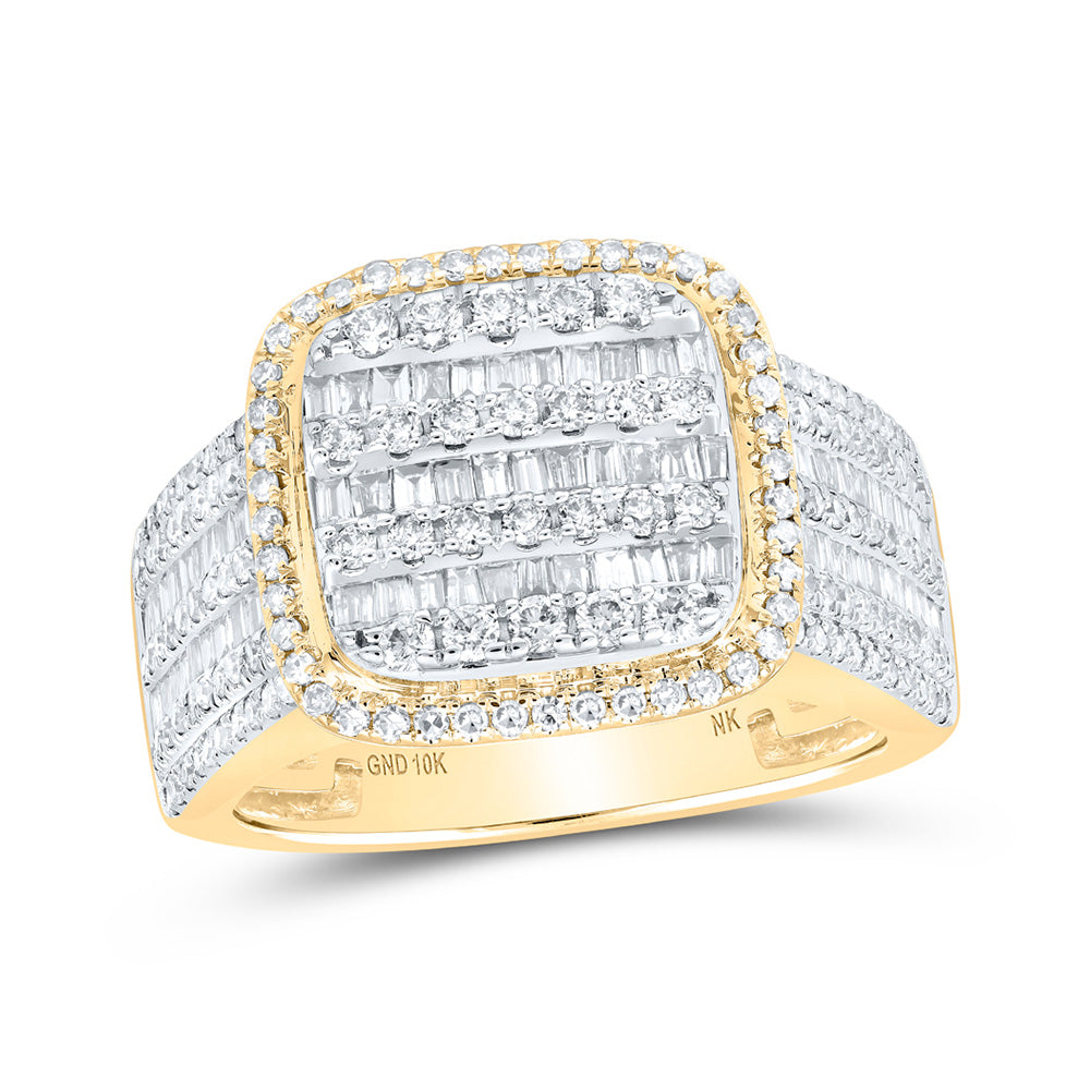 10K Yellow Gold Mens Baguette Diamond Square Ring 2 Cttw, Mens Size: 7-13