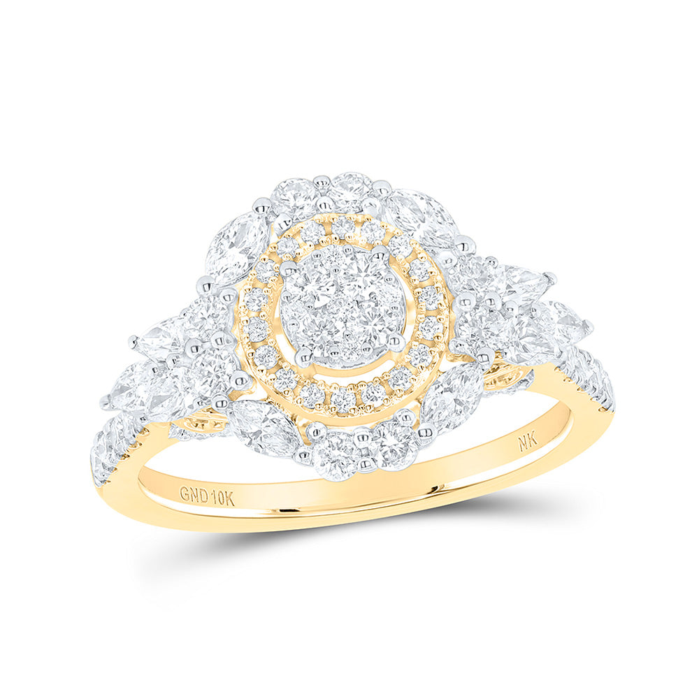 10K Yellow Or White Gold Round Diamond Cluster Bridal Wedding Engagement Ring 1 Cttw, Womens Size: 5-10