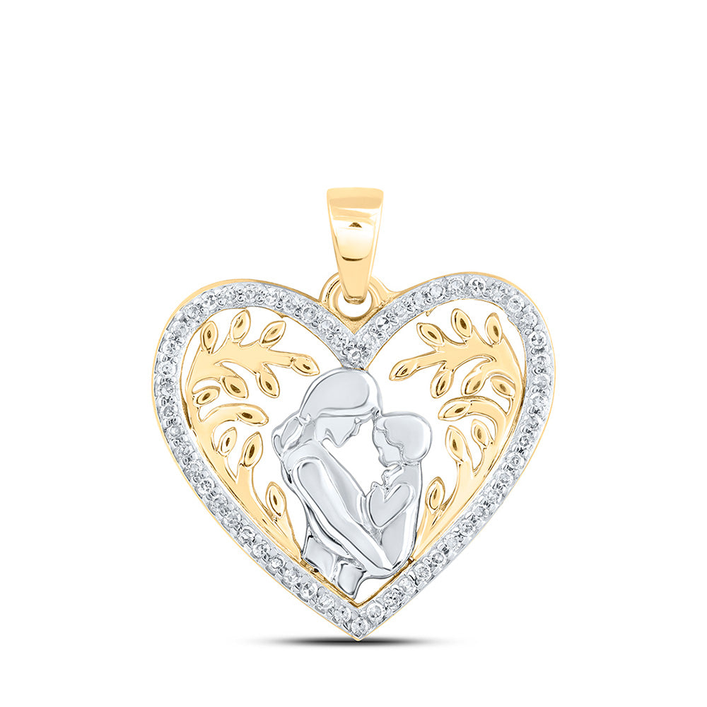 10K Yellow Gold Womens Round Diamond Mom Child Heart Pendant 1/10 Cttw