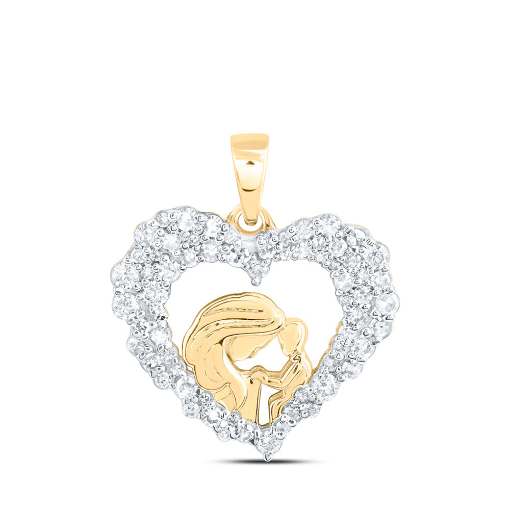 10K Yellow Gold Womens Round Diamond Mom Child Heart Pendant 3/8 Cttw
