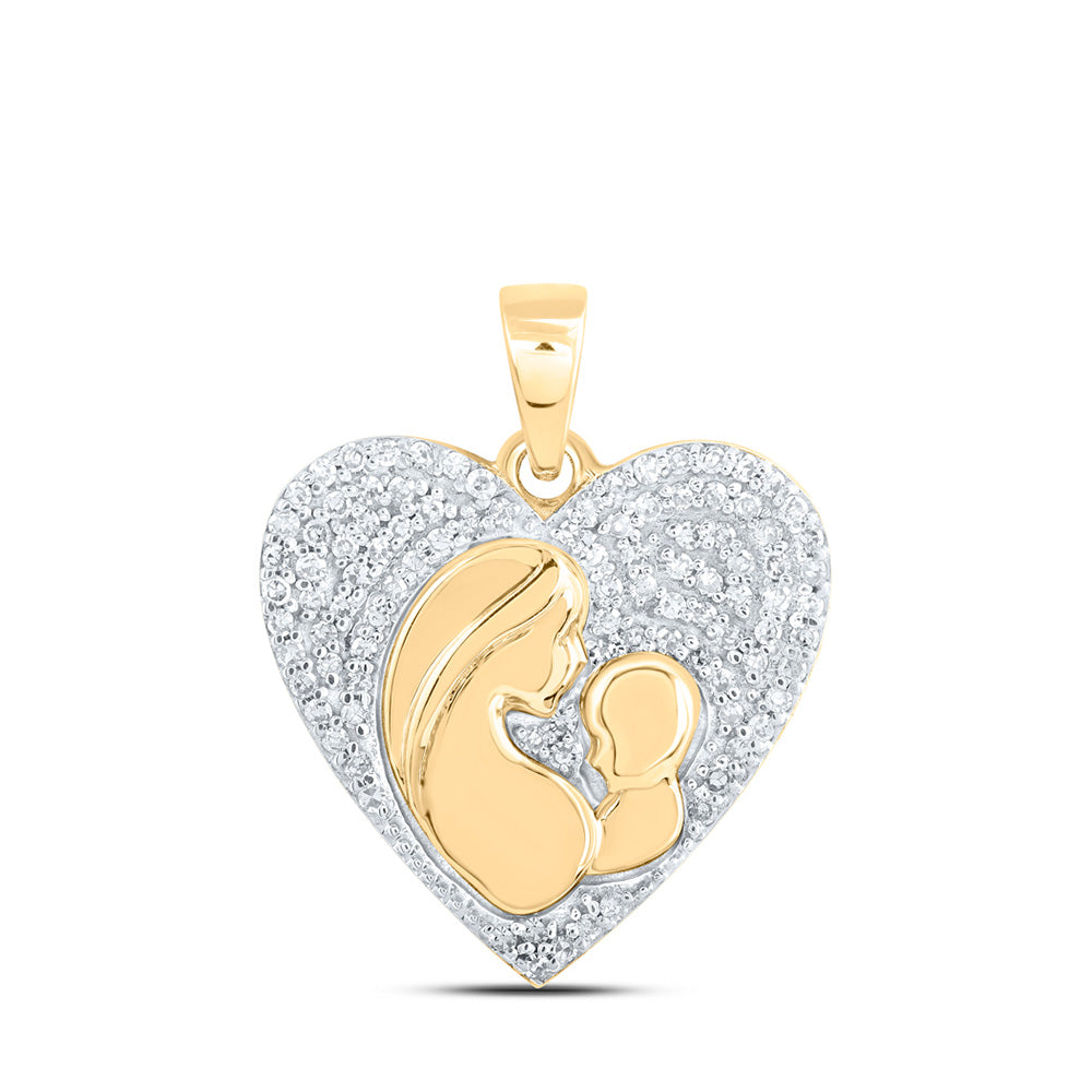 10K White Or Yellow Gold Womens Round Diamond Mother Child Heart Pendant
