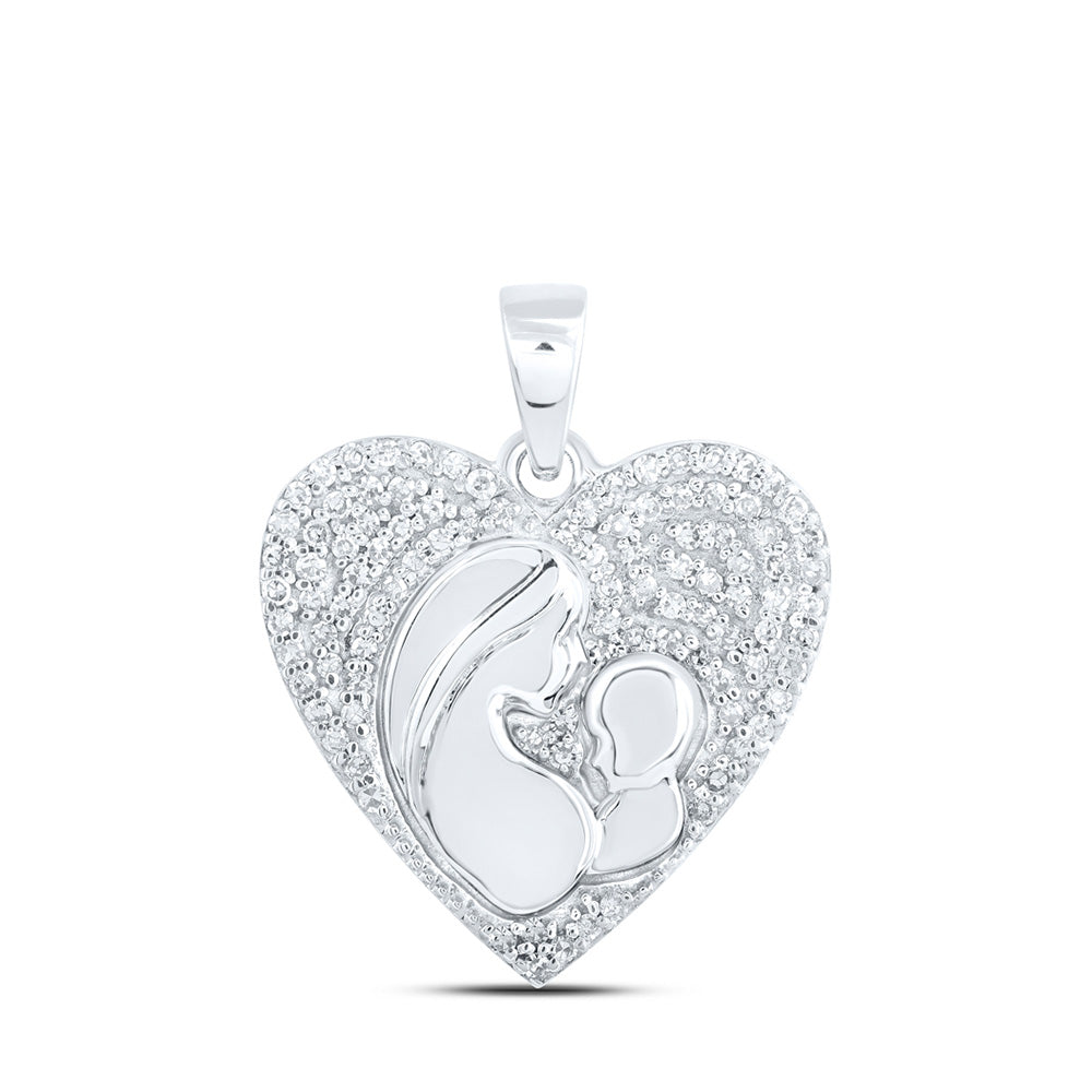 10K White Or Yellow Gold Womens Round Diamond Mother Child Heart Pendant