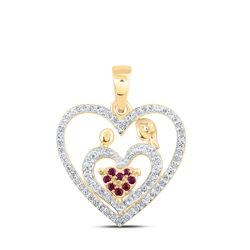 10K Yellow Or Rose Gold Womens Round Ruby Mom Child Heart Pendant