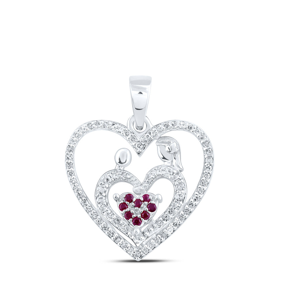 10K White Gold Womens Round Ruby Mom Heart Pendant 1/5 Cttw