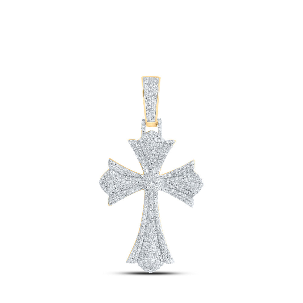 10K Yellow Gold Mens Round Diamond Cross Charm Pendant 1-1/3 Cttw