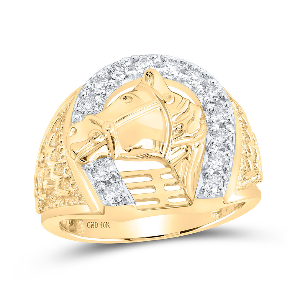 10K White Or Yellow Gold Mens Round Diamond Horseshoe Ring , Mens Size: 7-13