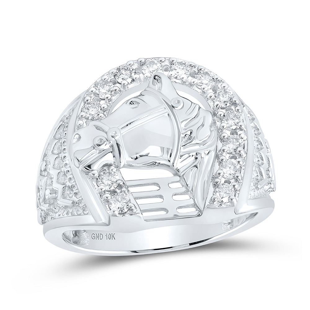 10K White Or Yellow Gold Mens Round Diamond Horseshoe Ring , Mens Size: 7-13