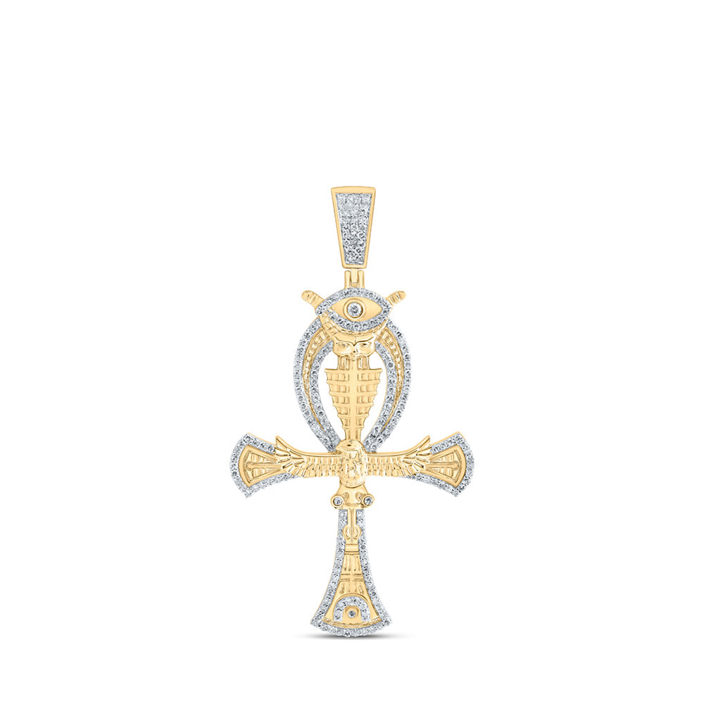 10K Yellow Gold Mens Round Diamond Ankh Eye Cross Charm Pendant 1-1/5 Cttw