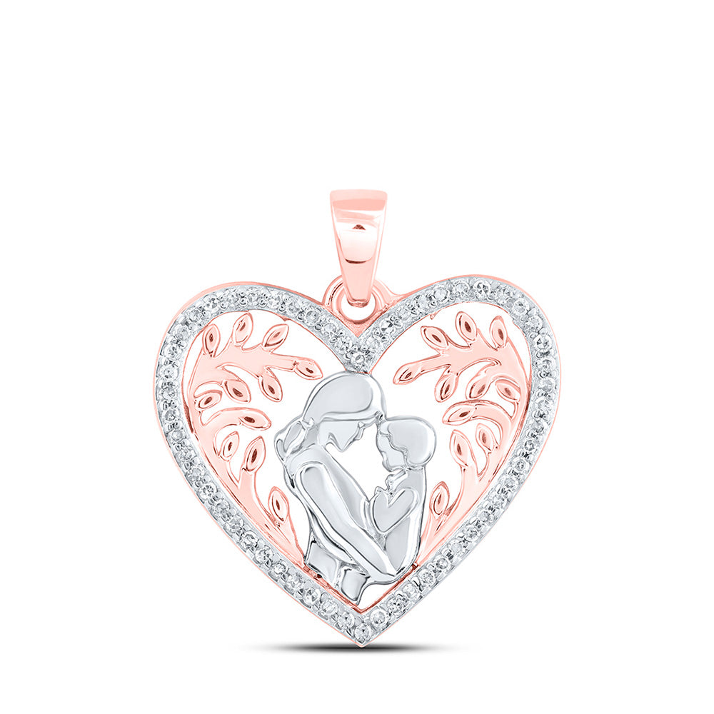 10K Rose Gold Womens Round Diamond Mom Child Heart Pendant 1/10 Cttw