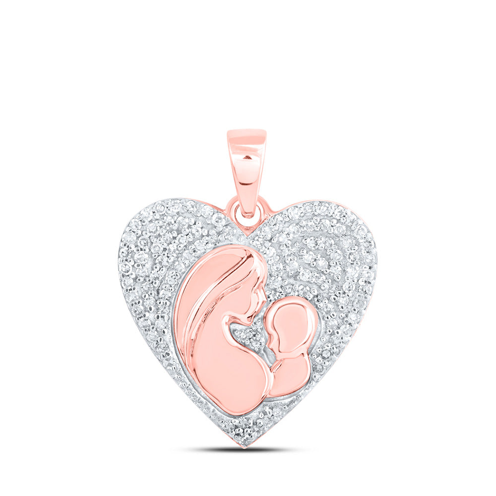 10K Rose Gold Womens Round Diamond Mom Child Heart Pendant 1/5 Cttw