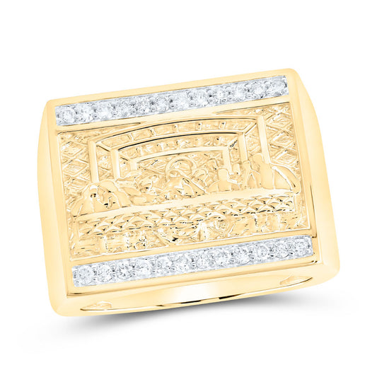 10K Yellow Gold Mens Round Diamond Last Supper Square Ring 1/3 Cttw, Mens Size: 7-13