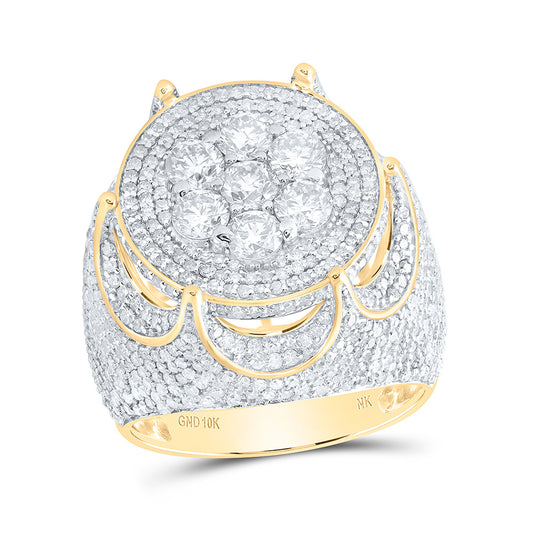 10K Yellow Gold Mens Round Diamond Flower Cluster Ring 5-1/4 Cttw, Mens Size: 7-13