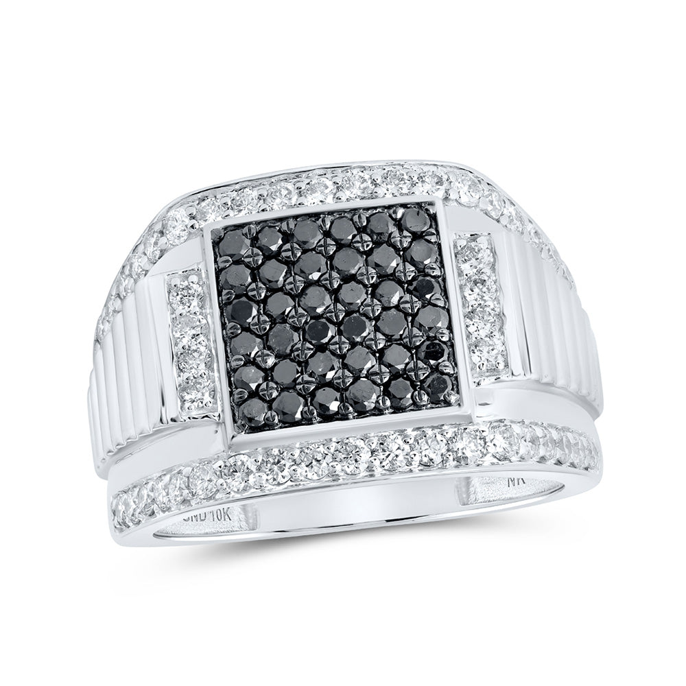 10K White Gold Mens Round Black Color Treated Diamond Square Ring 1-5/8 Cttw, Mens Size: 7-13