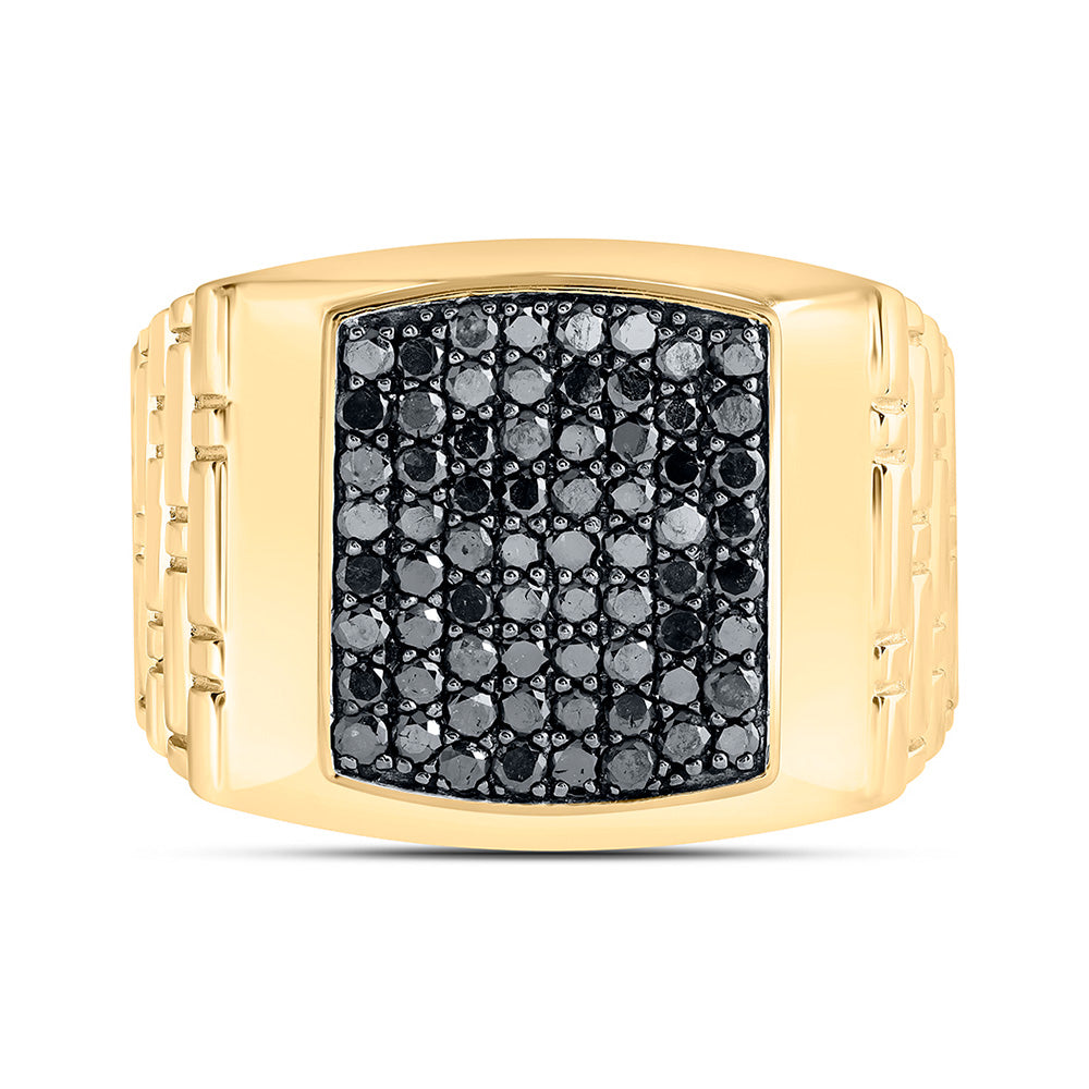 10K Yellow Gold Mens Round Black Color Treated Diamond Square Ring 1-1/2 Cttw, Mens Size: 7-13