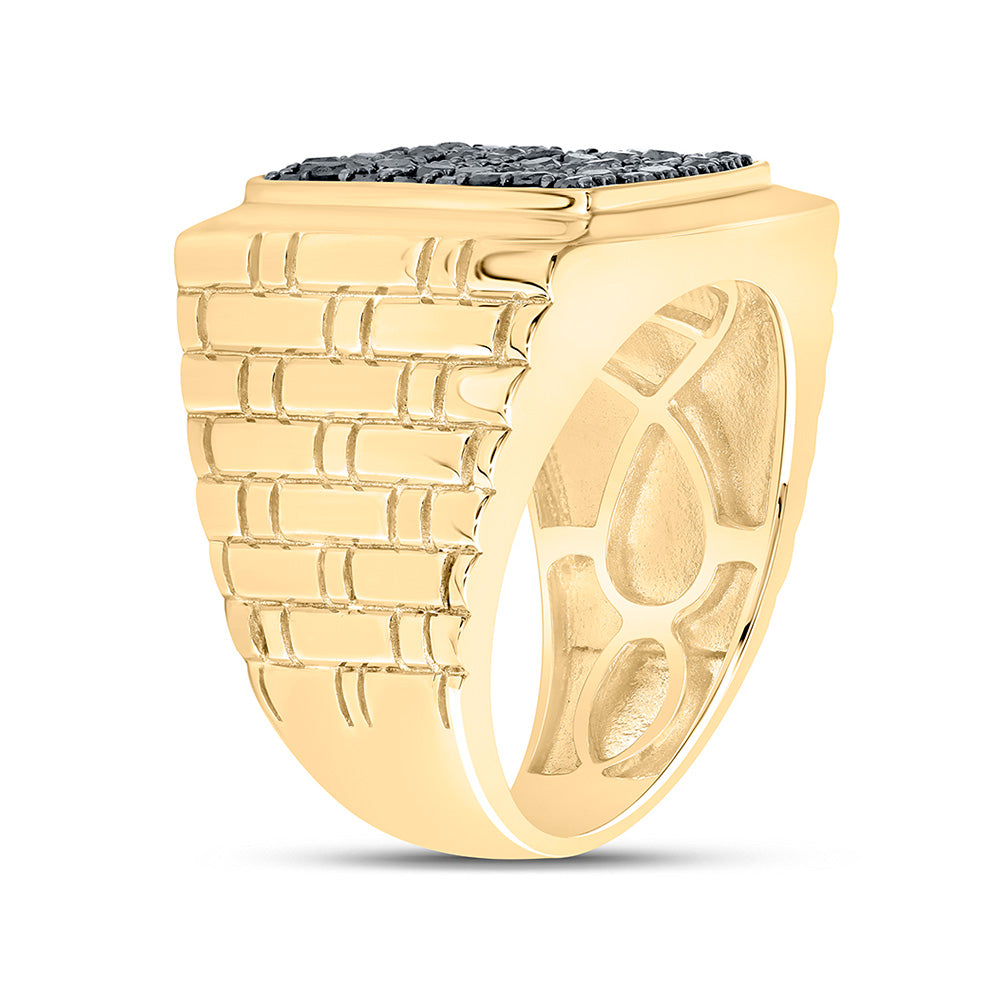 10K Yellow Gold Mens Round Black Color Treated Diamond Square Ring 1-1/2 Cttw, Mens Size: 7-13
