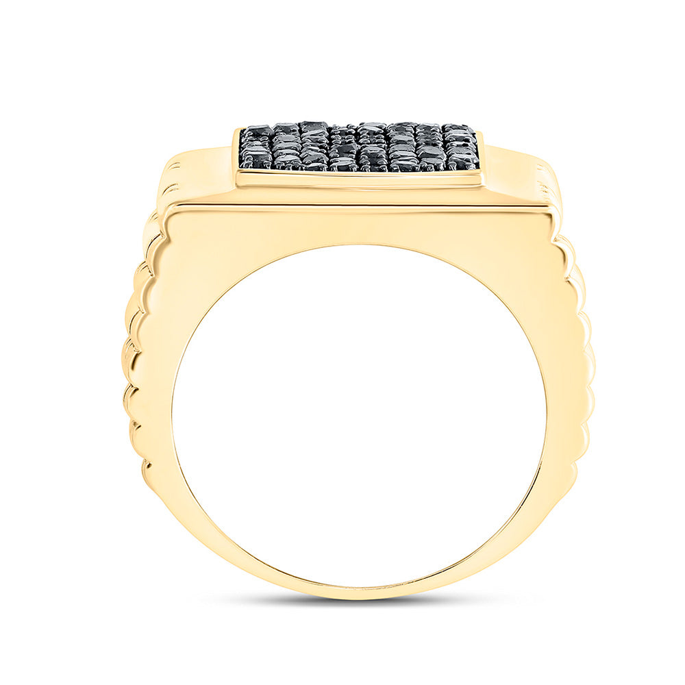 10K Yellow Gold Mens Round Black Color Treated Diamond Square Ring 1-1/2 Cttw, Mens Size: 7-13