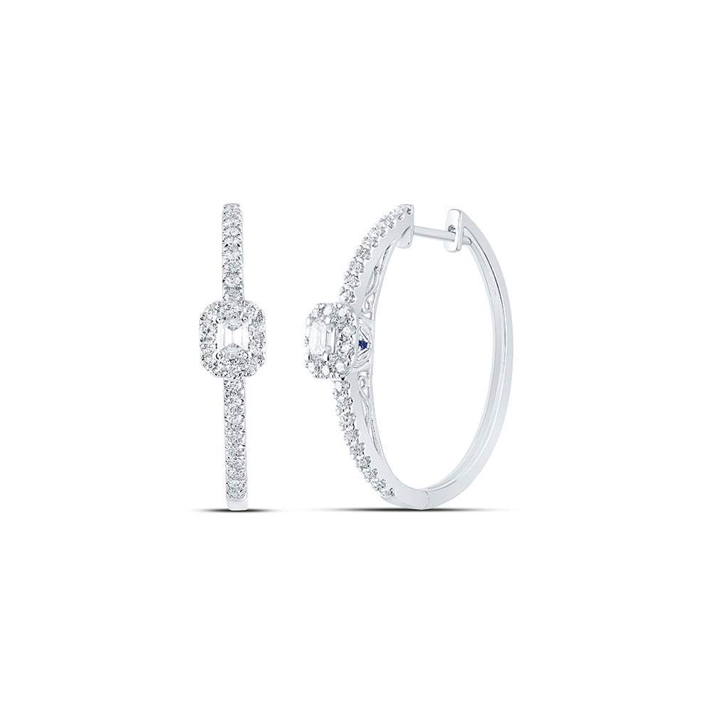 14K White Gold Womens Emerald Diamond Hoop Earrings 1 Cttw