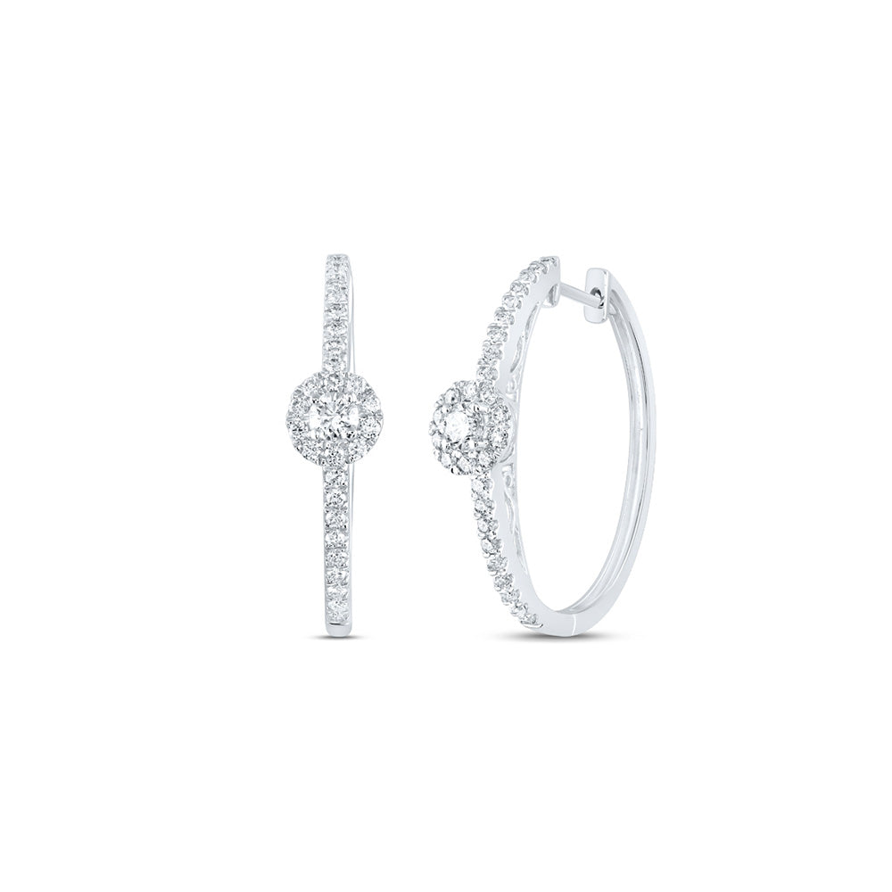 14K White Gold Womens Round Diamond Hoop Earrings 1 Cttw