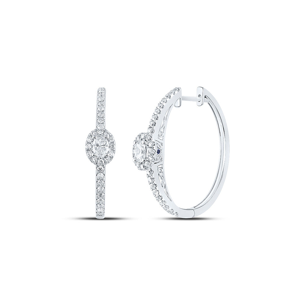 14K White Gold Womens Oval Diamond Hoop Earrings 1 Cttw